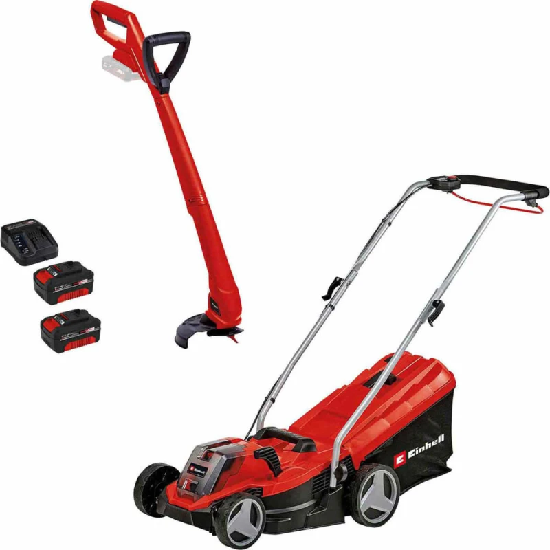 Image of Einhell GE-CM 18/33-2 Li Set 18v Cordless Rotary Lawnmower and Grass Trimmer Kit 2 x 4ah Li-ion Battery Charger GE-CM 18/33-2 Li Set