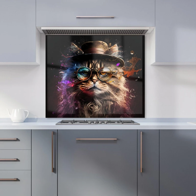 Image of Warren Reed - Designer Siberian Cat With Glasses Splashart Kitchen Splashback Size: 600mm x 750mm Multicolor Unisex 600mm x 750mm