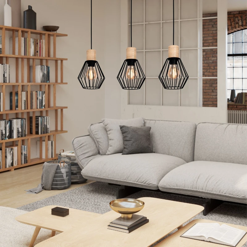 Image of EGLO Eglo Palmorla Black Wire Steel & Wood 3 Light Pendant Black One Size Unisex 9002759440947