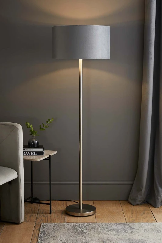Image of ValueLights ValueLights Charlie Chrome Stem Floor Lamp with Grey Velvet and Chrome Inner Lamp Shade Grey One Size Unisex 5059406060472