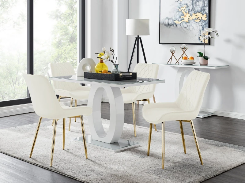 Image of FurnitureboxUK FurnitureboxUK Giovani 4 Grey Dining Table & 4 Pesaro Gold Leg Chairs in Cream Cream One Size Unisex 5056542664762