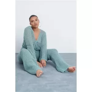 Image of I Saw It First Sage Plus Size Flare Sleeve Cropped Crochet Top With Tie Detail - Green