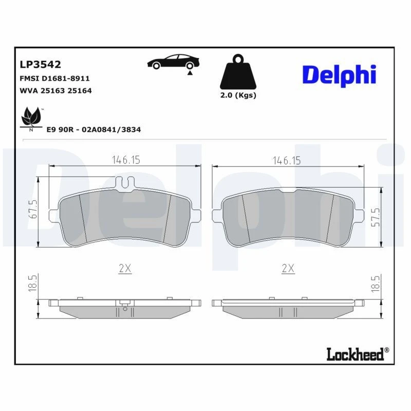 Image of DELPHI Brake pad set DELPHI LP3542