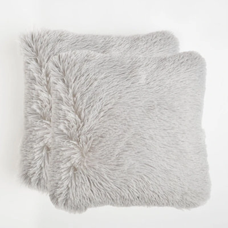 Image of OHS OHS Set of 2 Fluffy Shaggy Filled Cushion with Cover Square in Silver Size: 45cm x 45cm Silver 45cm x 45cm Unisex 5027434174355