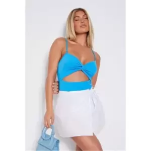 image of I Saw It First Blue Ribbed Twist Front Cut Out Cami Bodysuit - Blue