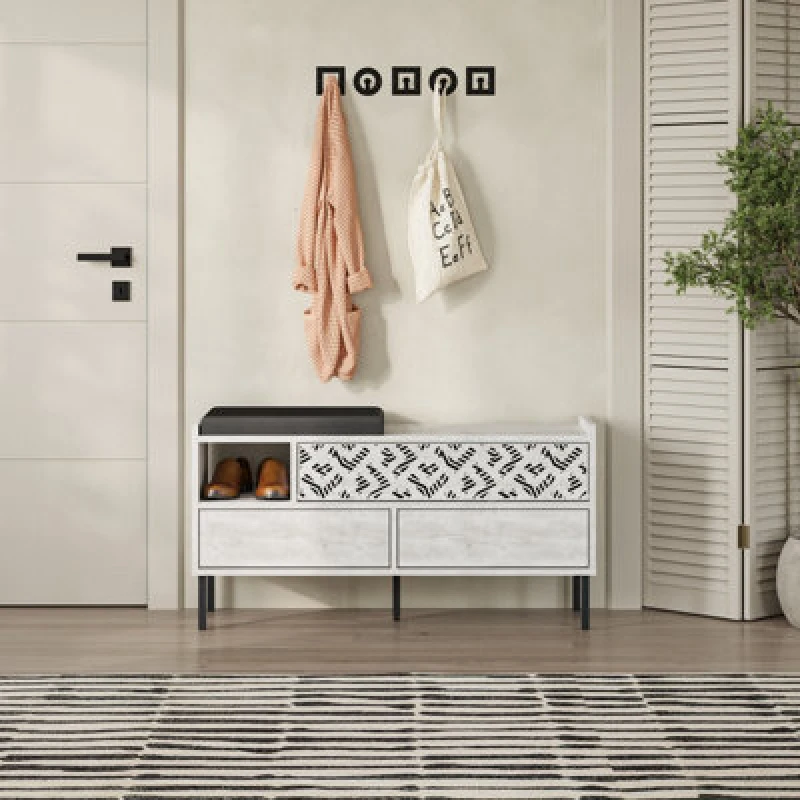 Image of Decortie Heaton Shoe Bench Ancient White W/ Fabric Cushion Seat 3-Door Storage Cabinet 111(W)X37(D)X56.5(H)Cm Metal Legs Hallway