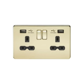 image of Knightsbridge 13A 2G Switched Socket with Dual USB Charger (2.4A) - Polished Brass with Black Insert