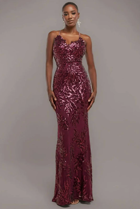 Image of Goddiva Womens Cross Back Diamante Strap Sequin Maxi in Burgundy Size: 16 Burgundy Female 16