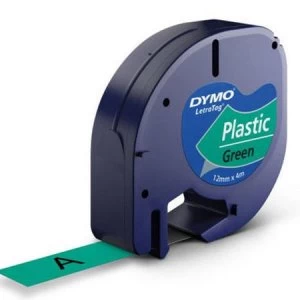 image of Dymo 91204 Black on Green Label Plastic Tape 12mm x 4m