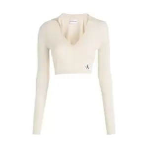 image of Calvin Klein Jeans Label Tight Crop V-Neck Sweater - White