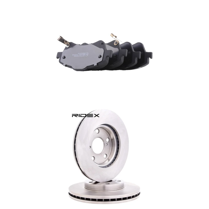 Image of RIDEX 3405B2813 Brake disc and pads set Front Axle, Brake Disc Type: internally vented, with acoustic wear warning Brake Set,disc brakes (3405)