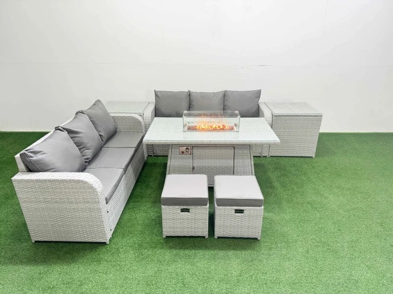 Image of Fimous Outdoor Garden Furniture Sets 8 Seater Wicker Rattan Furniture Sofa Sets with Firepit Dining Table high Back Lounge Sofa Stools 2 Side Table Li
