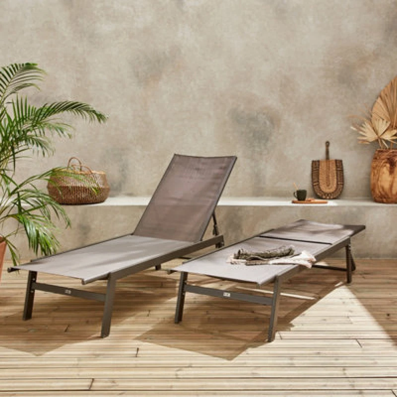 Image of sweeek Pair Of Textilene And Metal Multi-position Loungers Brown