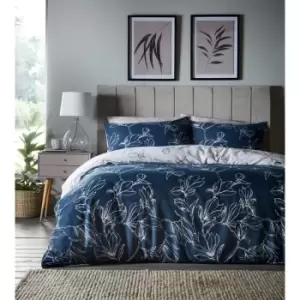 image of Portfolio Home - Linear Floral Duvet Cover Set Navy King Reversible - Blue