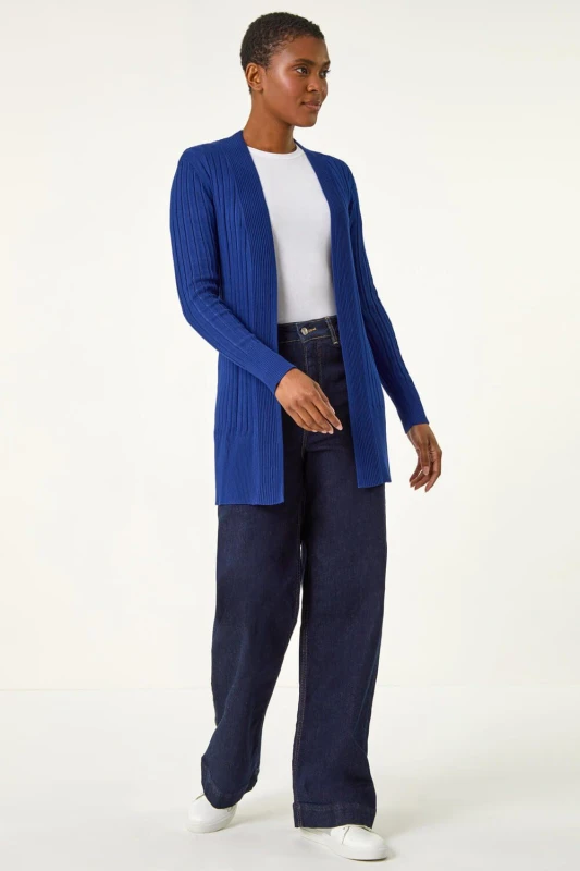 Image of Roman Womens Longline Stretch Ribbed Cardigan in Royal Size: 14 Royal Female 14
