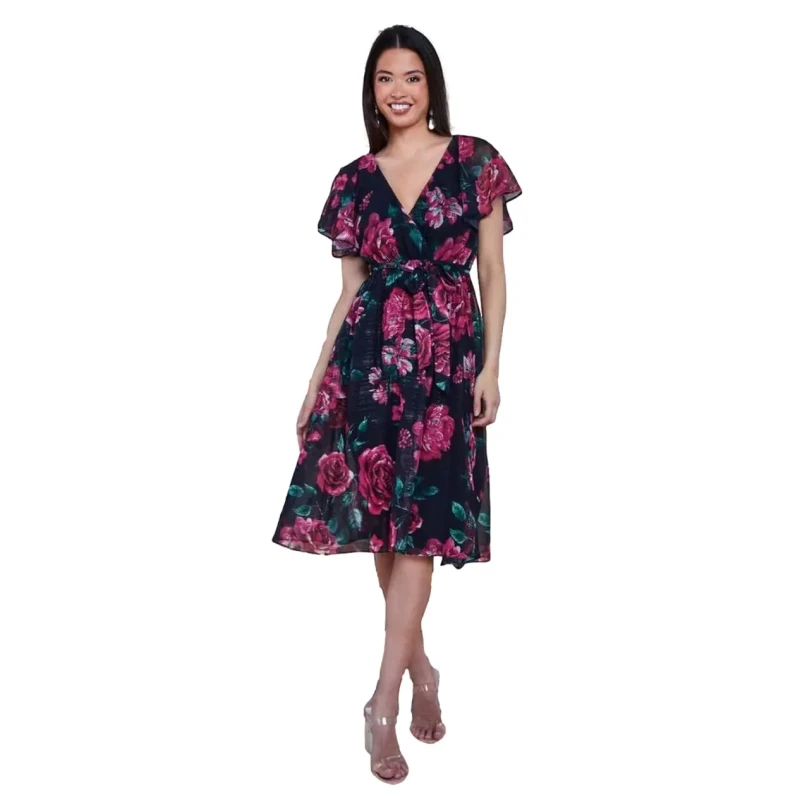 Image of Goddiva Womens butterfly sleeve dress Goddiva Printed Lurex A Line Midi Noir Female 38