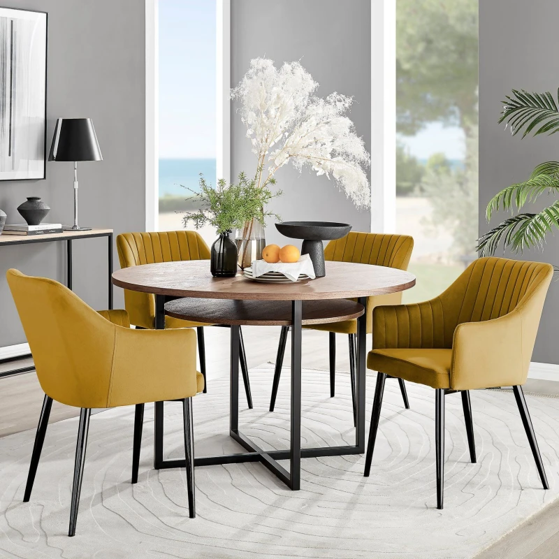 Image of FurnitureboxUK FurnitureboxUK Adley Brown Wood Storage Dining Table & 4 Calla Black Leg Chairs in Mustard Mustard One Size Unisex 5056542686733