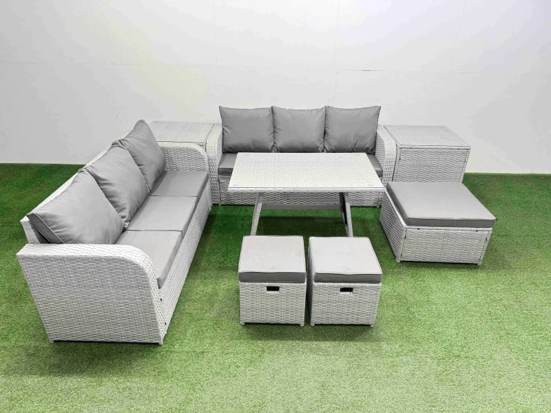 Image of Fimous Patio Dining Table & Chairs Set Rattan High Back Lounge Sofa Set With 3 Seater Sofa 2 Side Tables 3 Stool Light Grey