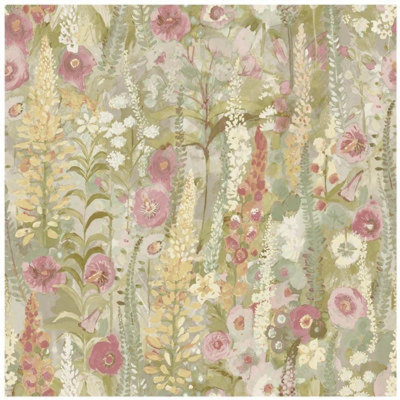 Image of Yes-Online Watercolour Floral Wallpaper Lupin Sage Green Pink Red Yellow Flower Home Decor