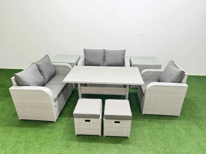 Image of Fimous High Back Poly Rattan Garden Furniture Set with Reclining Chair Loveseat Sofa Rectangular Dining Table Indoor Outdoor Patio Set 2 Stool 2 Side