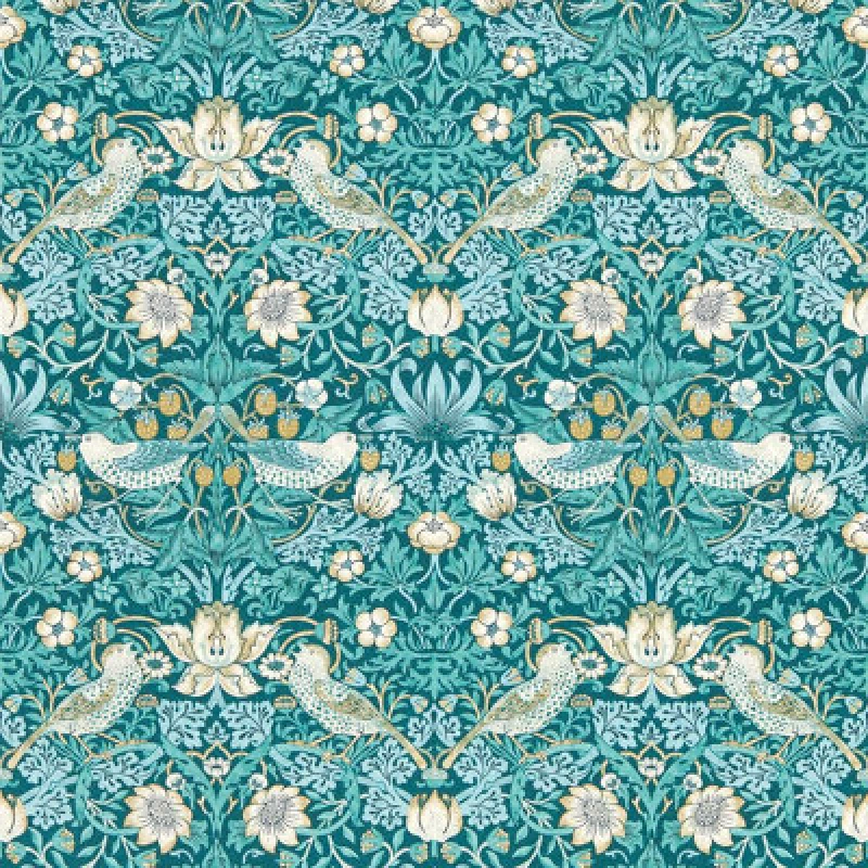 Image of WILLIAM MORRIS BY CLARKE & CLARKE Strawberry Thief Teal Wallpaper Teal 50X1000CM