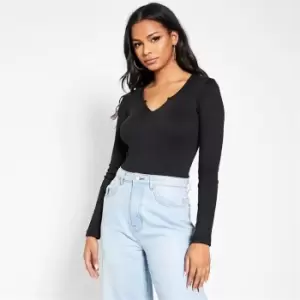 Image of I Saw It First Rib Notch Front Long Sleeve Bodysuit - Black