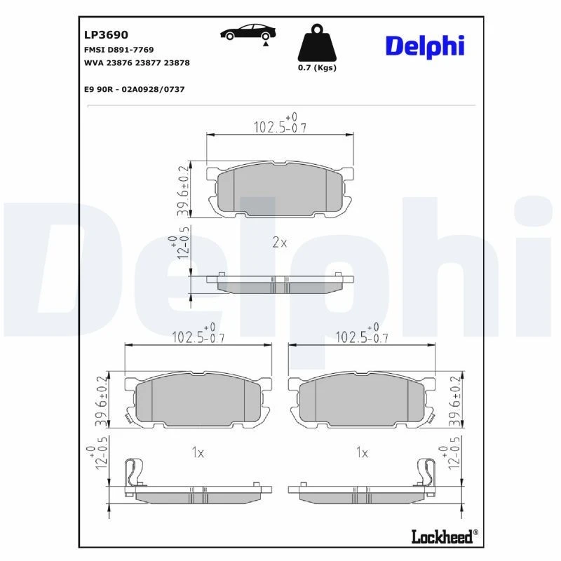 Image of DELPHI Brake pad set DELPHI LP3690