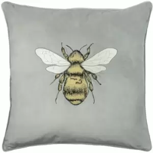 image of Paoletti Hortus Bee Embroidered Velvet Piped Edge Cushion Cover, Silver Grey, 50 x 50 Cm