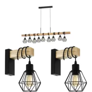 Image of 9 Bulb Ceiling Pendant & 2x Matching Wall Lights Black Cage & Wood Trendy Lamp