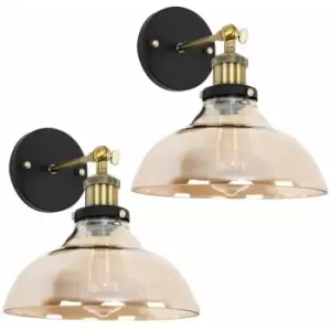 image of 2 x Black / Gold Wall Light Fittings + Glass Wide Shade