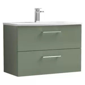 image of Arno Satin Green 800mm Wall Hung 2 Drawer Vanity Unit with 30mm Curved Profile Basin - ARN826G - Satin Green - Nuie