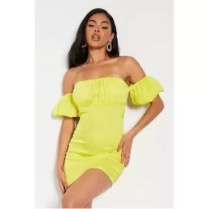 Image of I Saw It First Yellow Satin Ruched Bust Bardot Puff Sleeve Tie Back Bodycon Dress - Yellow