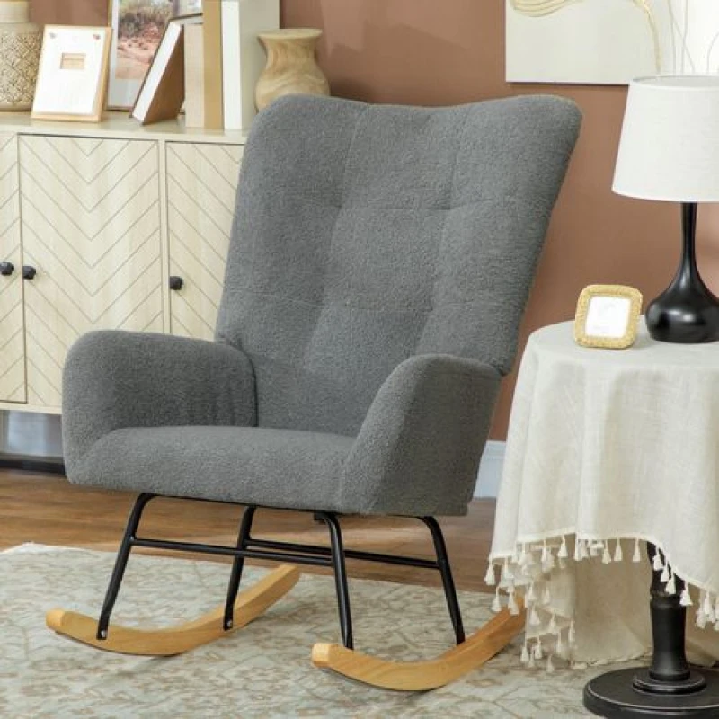 Image of HOMCOM Rocking Chair, Modern Armchair with Backrest for Bedroom, Grey Grey