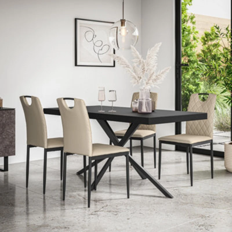 Image of More4Homes Donni Dining Table & Chairs - Black Table Top w Black Legs + Monza Faux Leather Dining Chair Set Of 6 in Beige Beige Unisex