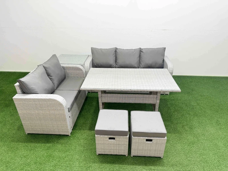 Image of Fimous 7 Seater PE Rattan Wicker Garden Furniture Patio Conservatory Sofa Set with Rectangular Dining Table 3 Seater Sofa Love Sofa 2 Stools Side Tabl