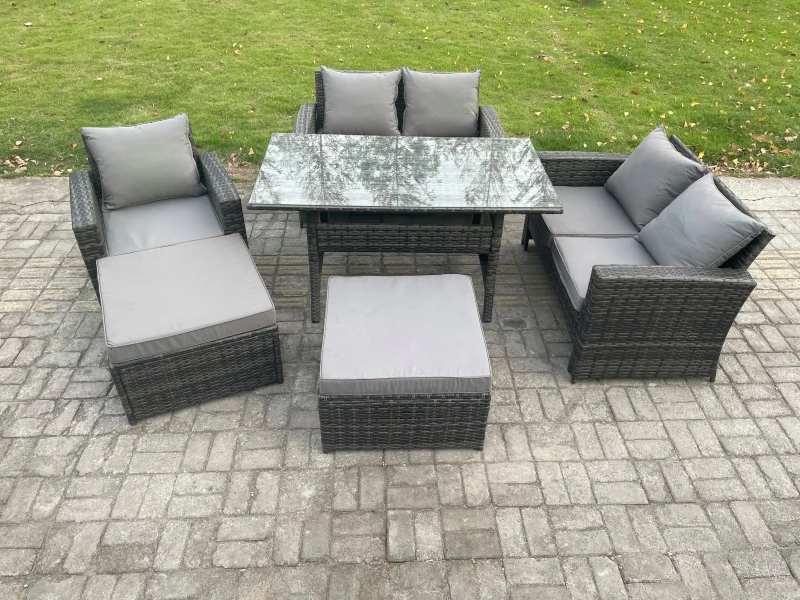 Image of Fimous High Back Outdoor Garden Furniture Rattan Sofa Dining Table Set with Armchair 2 Big Footstool Dark Grey Mixed Dark Grey Unisex