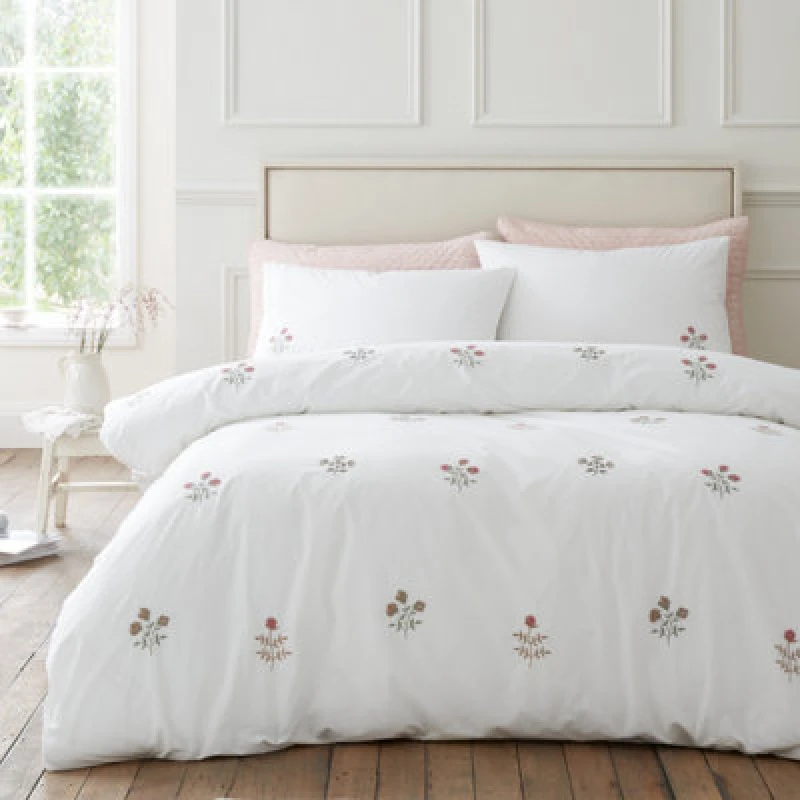 Image of Bianca Fine Linens Adeline Floral Embroidered 200 Thread Count Cotton Single Duvet Cover Set With Pillowcase White