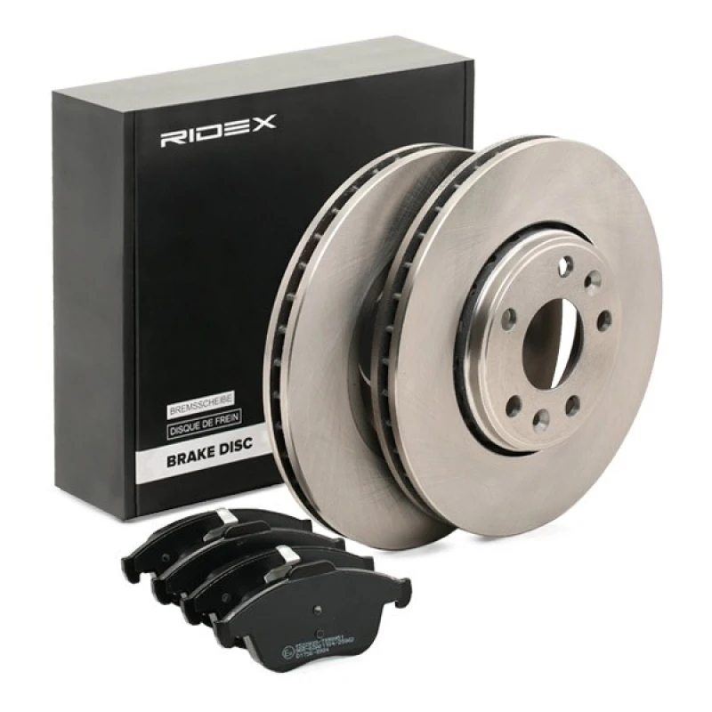 Image of RIDEX 3405B0940 Brake disc and pads set Front Axle, Brake Disc Type: internally vented, excl. wear warning contact, with piston clip Brake Set,disc b