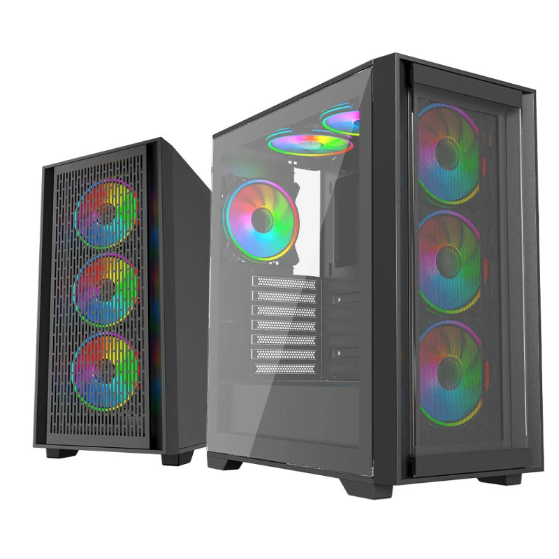 Image of VIDA Vida Versa Black ARGB Gaming Case w/ Glass Side & Glass/Mesh Front ATX 6x ARGB Fans 6-Port Fan Hub & Remote Control *Glass & Mesh Fro