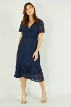 Image of Green Lace Skater Midi Dress With Ruffle Hem