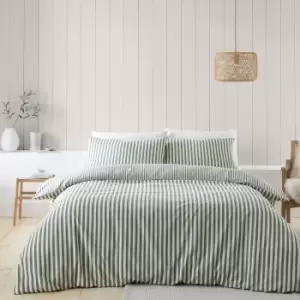 Image of Catherine Lansfield Reversible Stripe 100% Brushed Cotton Duvet Cover & Pillowcase Set Green
