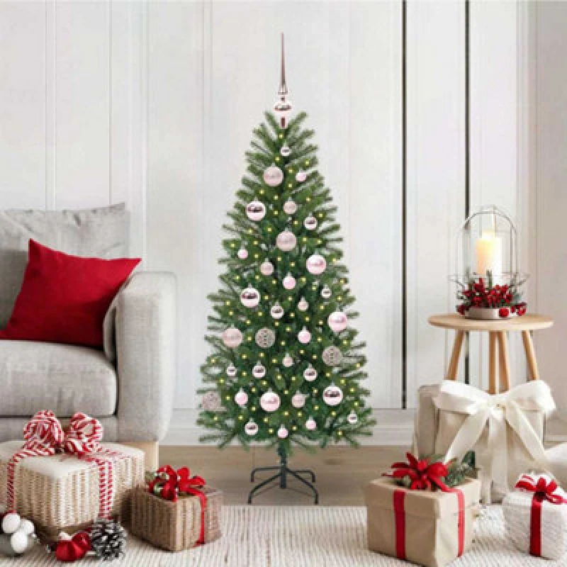 Image of vidaXL Artificial Christmas Tree with 150 LEDs, Pink Balls Green 120 x 75cm PE and PVC, Green 3397330