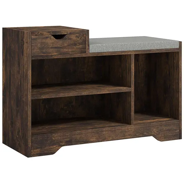 Image of HOMCOM Upholstered Entryway Shoe Bench With Storage Drawer Open Shelf Brown