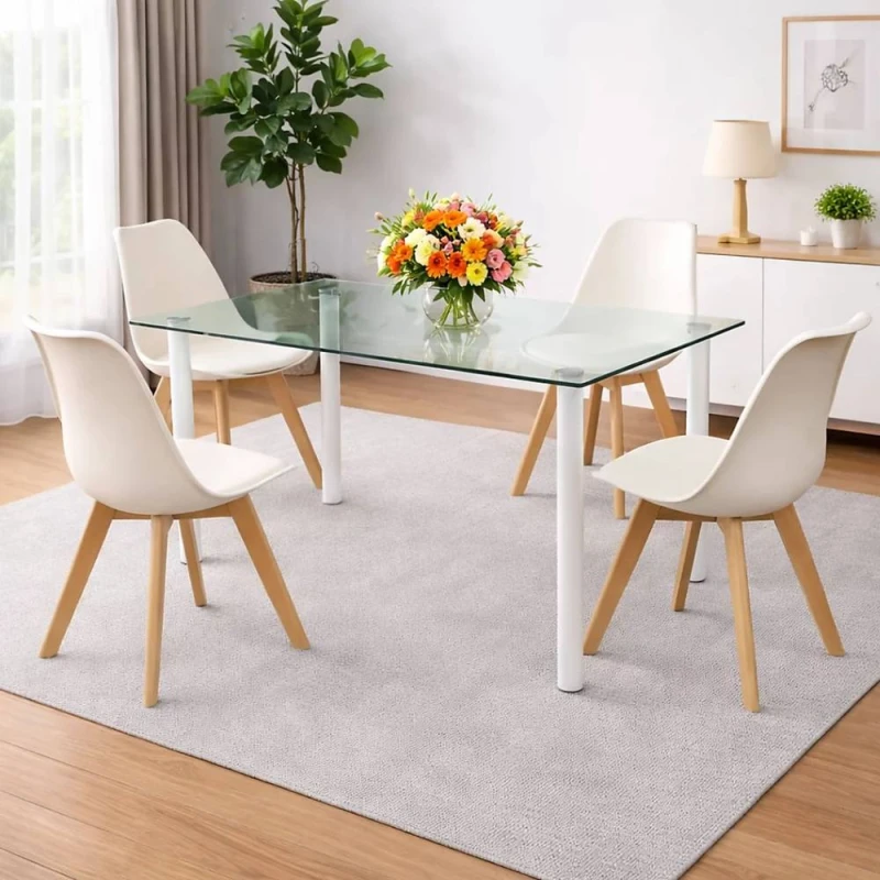 Image of Kosy Koala Modern Clear Glass Dining Table Set With 4 Cream Plastic Chairs Dining Room Furniture