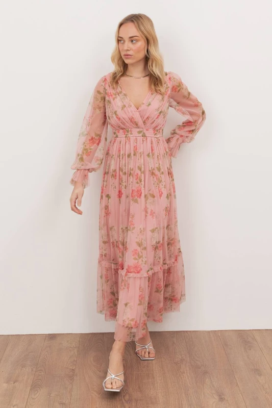 Image of Anaya with Love Womens Floral Print Faux Wrap Long Sleeve Midaxi Dress in Pink Size: 8 Pink Female 8