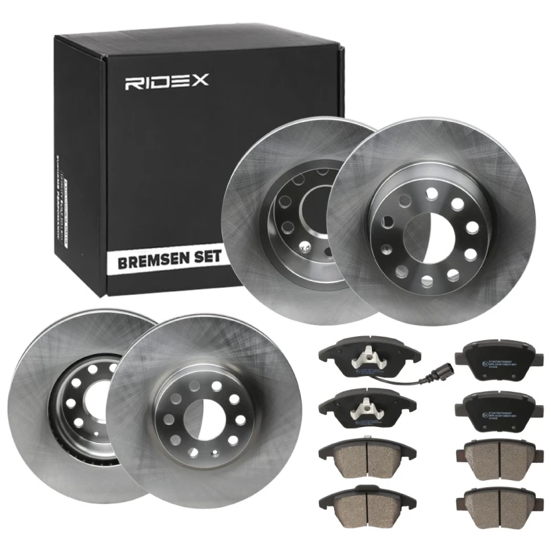 Image of RIDEX 3405B1651 Brake disc and pads set Rear Axle, Brake Disc Type: Solid, incl. wear warning contact Brake Set,disc brakes (3405)
