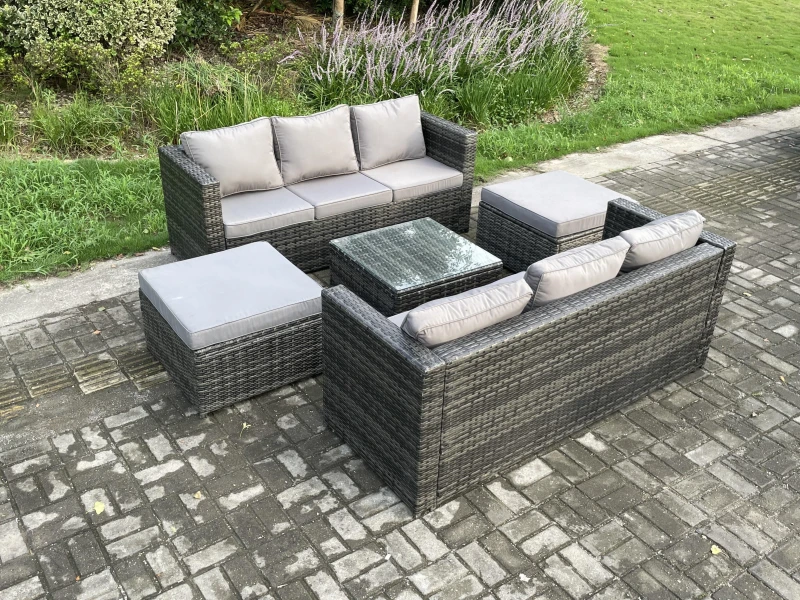Image of Fimous 8 Seater Rattan Garden Furniture Set Patio Outdoor Lounge Sofa Set with Square Coffee Table 2 Big Footstool Dark Grey Mixed Dark Grey