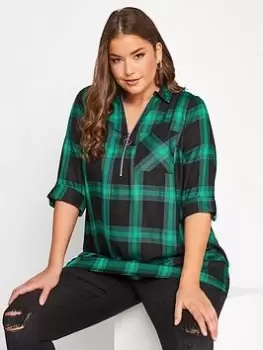 Image of Yours Zip Neck Check Shirt - Green, Size 18, Women