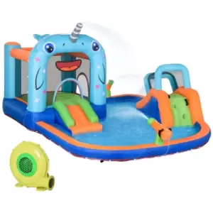 Image of Outsunny 5 in 1 Kids Bounce Castle Narwhals Style Inflatable House with Slide Trampoline Pool Water Gun Climbing Wall with Inflator Carrybag