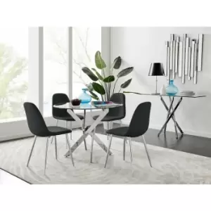 Image of Furniturebox UK - Furniturebox Novara Chrome Metal And Glass 100cm Round Dining Table And 4 Black Corona Faux Leather Dining Chairs with Silver Legs